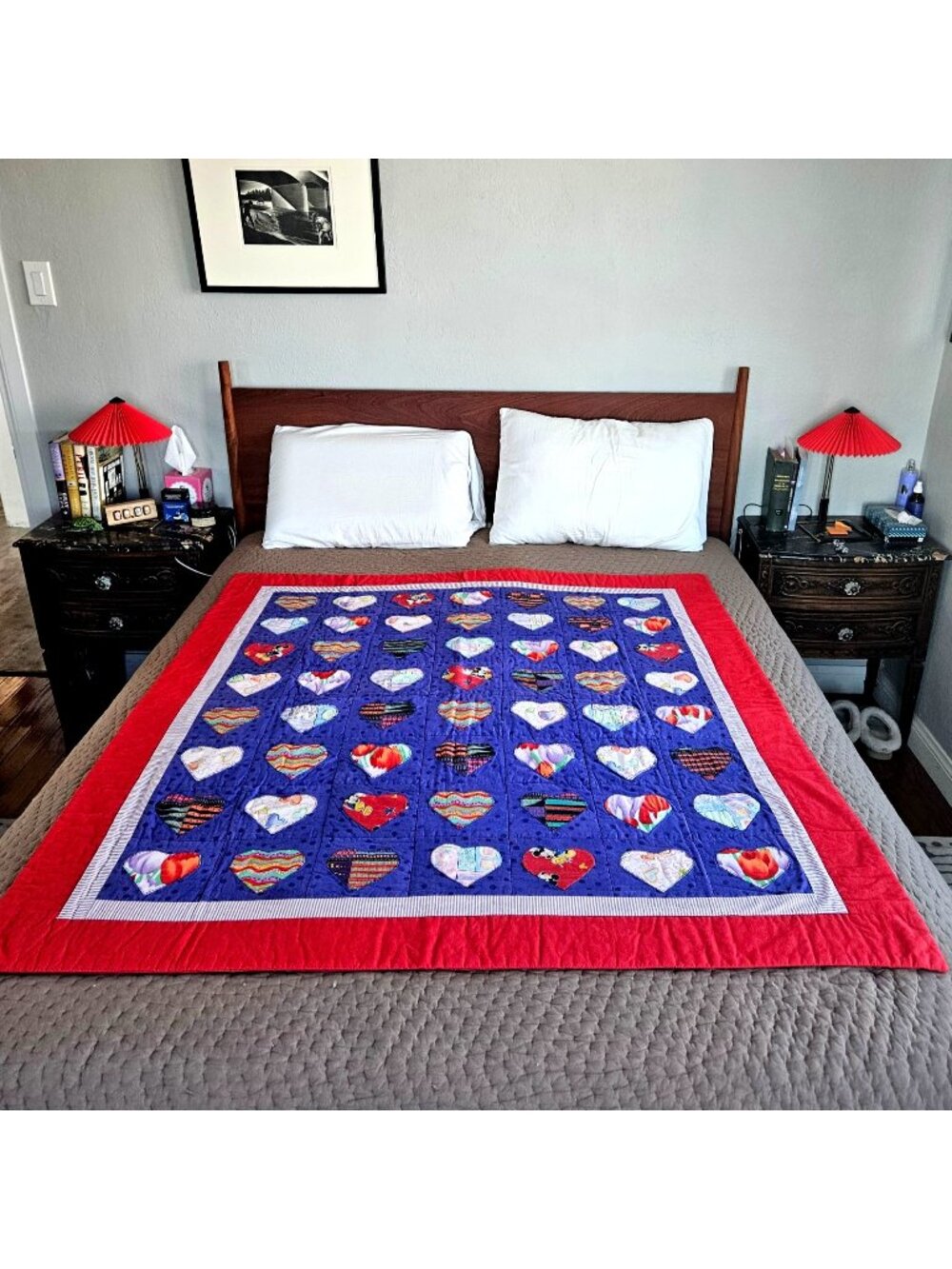 Heart Quilt Handmade Red Purple Cotton Applique 54x50 - Picture 1 of 15